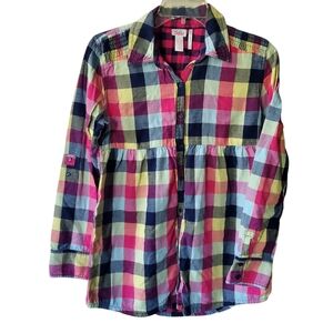 Justice Girls Plaid Button Down Tunic Flannel Shirt Sz 16 Long Sleeve Lined Neon